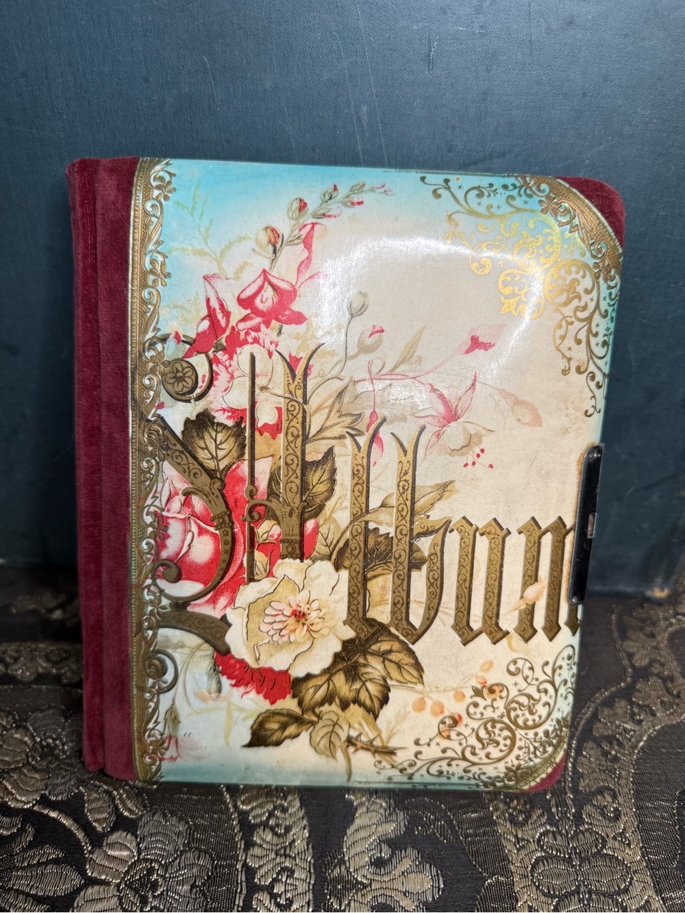 Antique Victorian Celluloid Floral W/ Red Velvet Photo Album